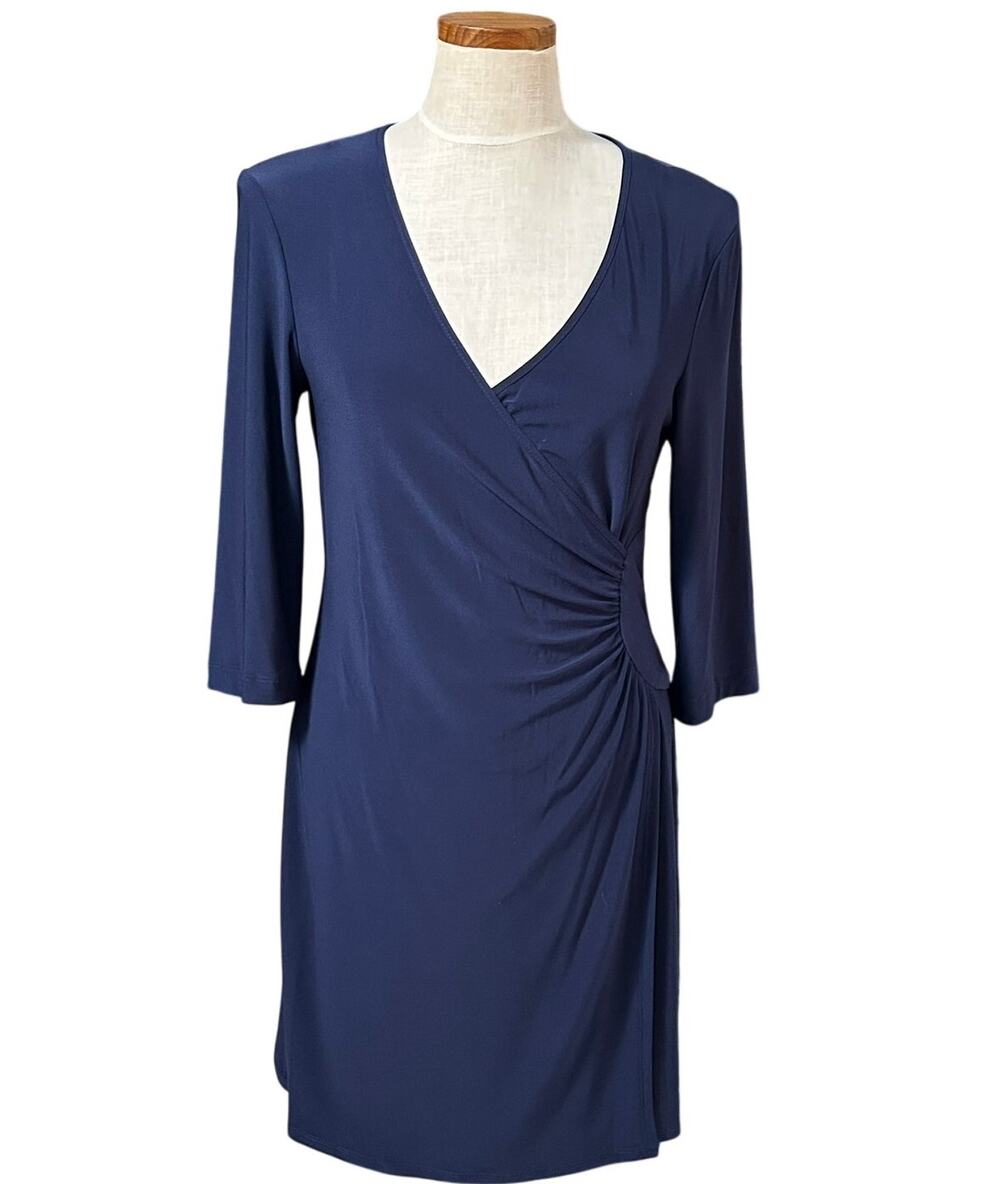 NWT Laundry by Shelli Segal Navy Blue Faux Wrap Dress M 3/4 Sleeve V Neck Spring